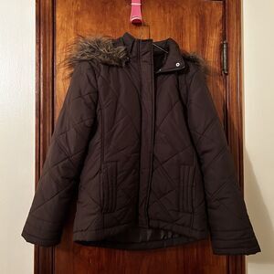 G.H. Bass Coat Chocolate Brown Winter Puffer Jacket Faux Fur Hood Womens Small